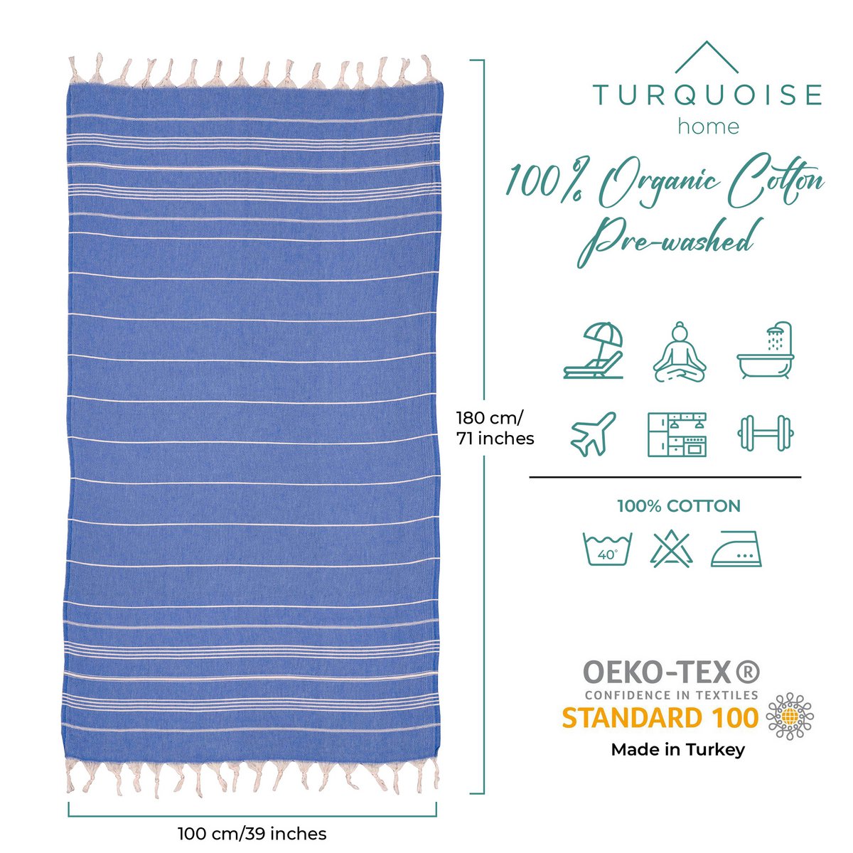 Serviette de plage 100% coton Bio 100x180 - Bleu Roi